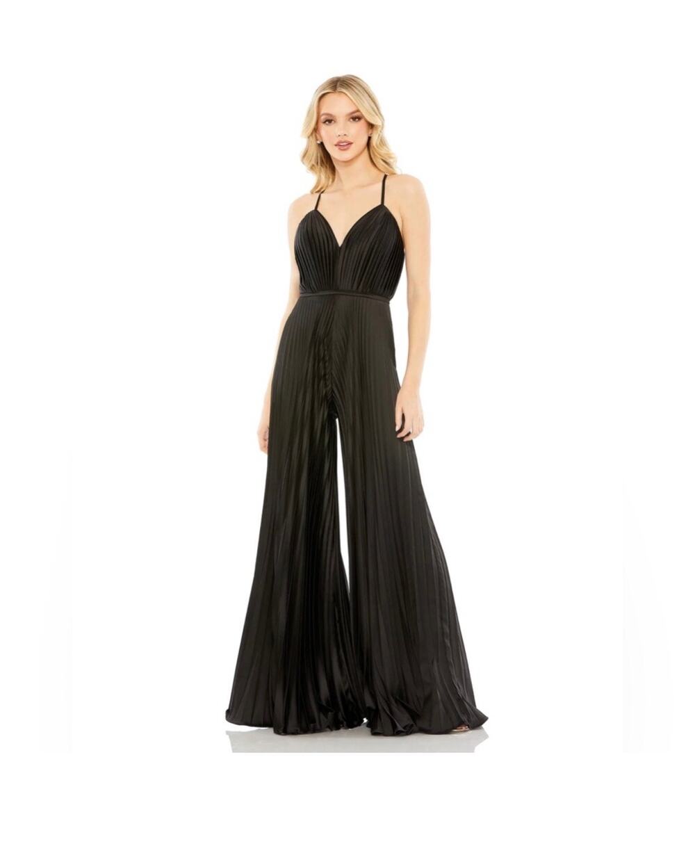 NWT Mac Duggal 26319 Black Satin Pleated Wide Leg Jumpsuit Size 2